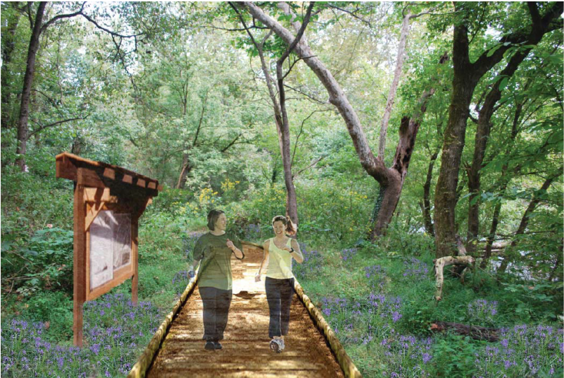 Bluebell trail concept rendering with a boardwalk, flowers, and trees and two people exercising